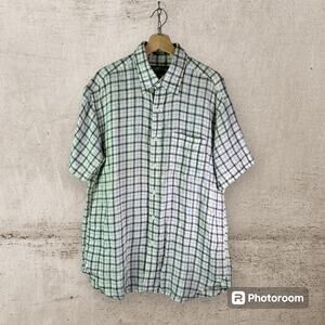 Orvis Men's Large 100% Linen White Blue Yellow Plaid S/S Button Up Shirt Summer